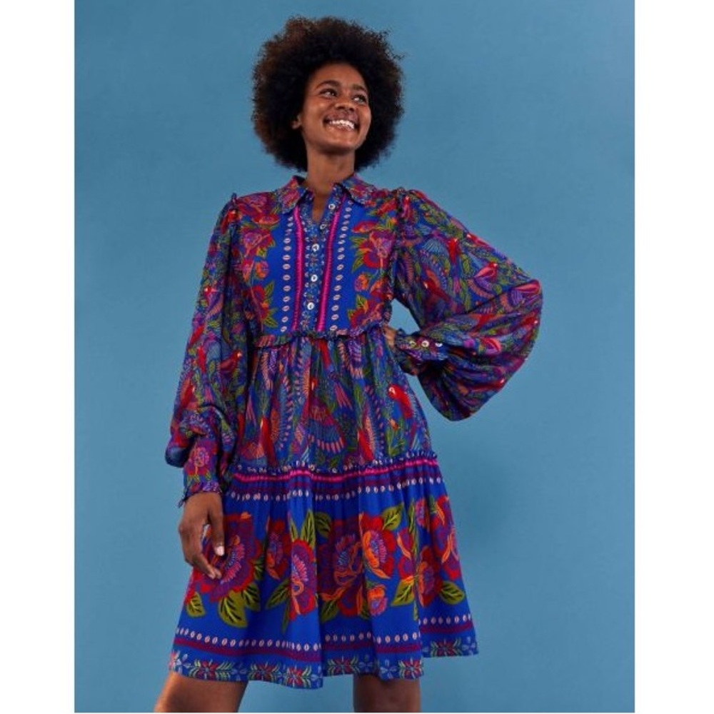 Farm Rio Blue Macaw Flight Mini Dress
Size: XS | $150